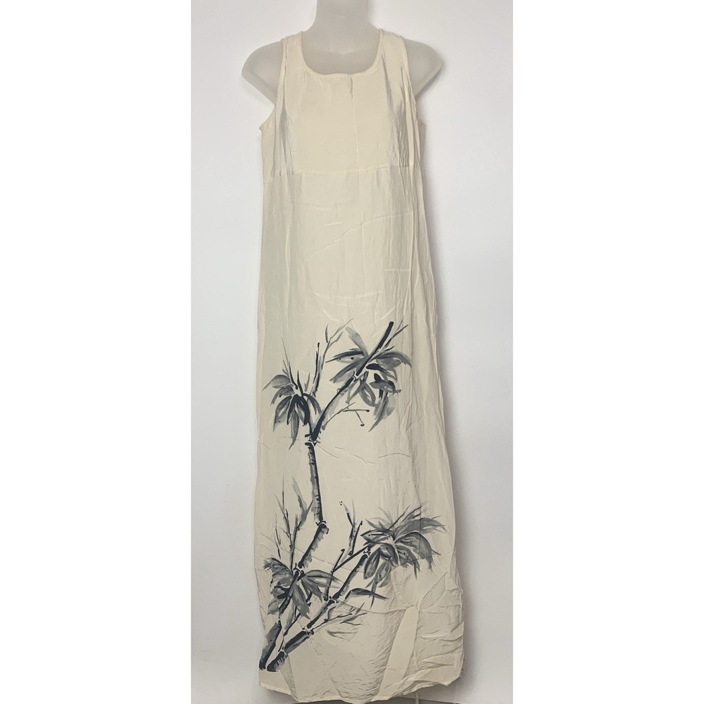 VTG Diane Gilman 100% Silk Maxi Tank Dress Beige Bamboo Print Sleeveless Size S